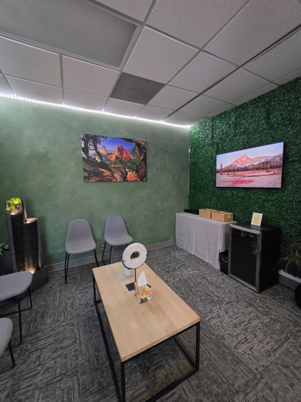 Waiting room at our Littleton office with living green wall, stone water feature, and soft seating